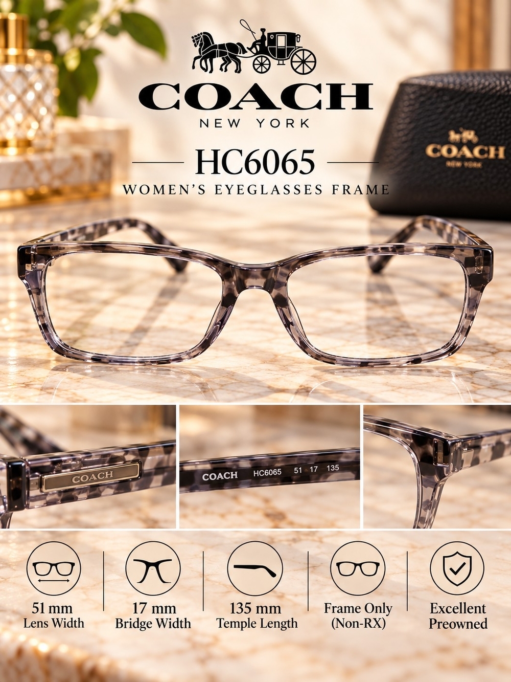 Coach HC6065 Women’s Eyeglasses 51-17-135 Gray Black Marble Frames